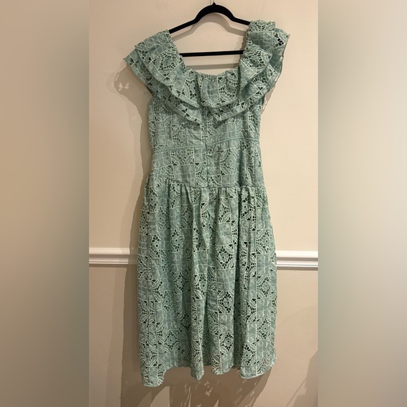 Asos Design One Shoulder Midi Dress Sage Green Patched Lace Eyelet Size 12 - Picture 6 of 8